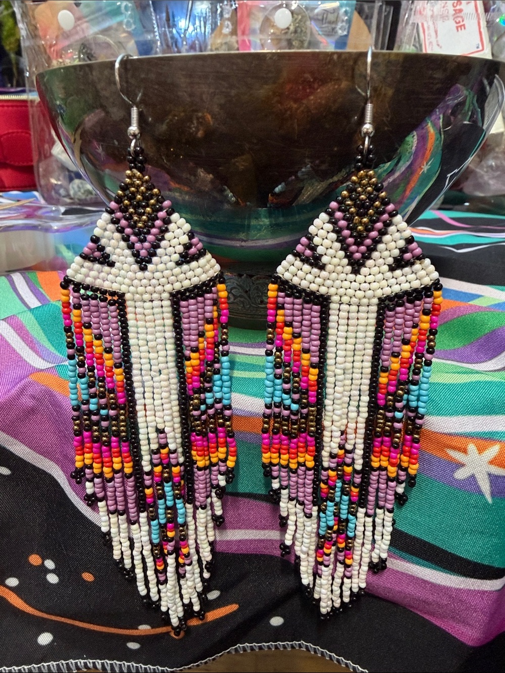 Hand Crafted Beaded Fringe Earrings in White, Pink, Turquoise and Black